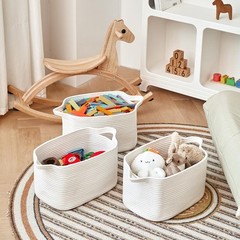 3 Packs Cotton Rope Woven Basket With Handles for Shelves -15″*10.2″*9.1″(White)