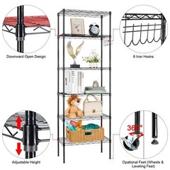 65″ Adjustable Rolling Storage Rack 6-Tier Wire Shelving Unit with Hanging Hooks