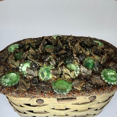 Vintage Jolles Original Woven Basket Gem Flowers Wood Handle