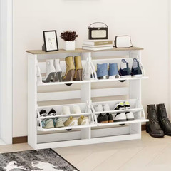 32 In. H X 40 In. W White Wood Slim Shoe Storage Cabinet with 4 Flip Drawers, Ad