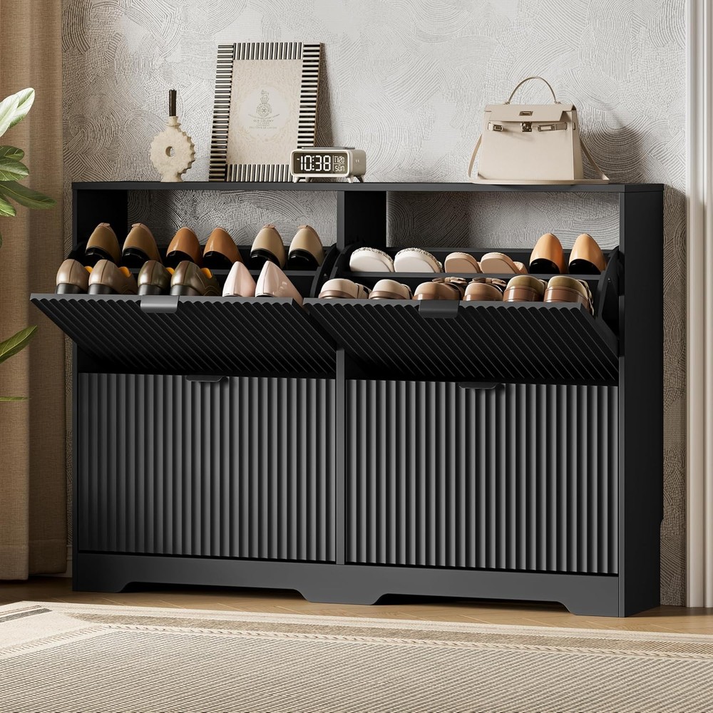 Shoe Storage Cabinet for Entryway with 4 Flip Drawers, Hidden Slim Wood Shoe