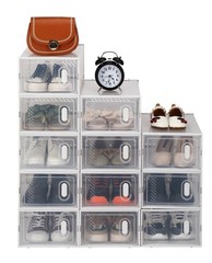 Stackable (12 Pack) White Shoe Storage Organizer Boxes with Magnetic Doors