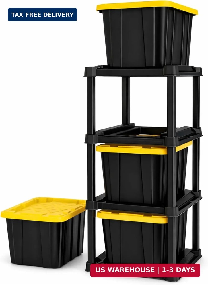 Sterilite 4 Tier Tote Rack, Vertical Plastic Organizer with 4 Pack 27 Gallon Ind