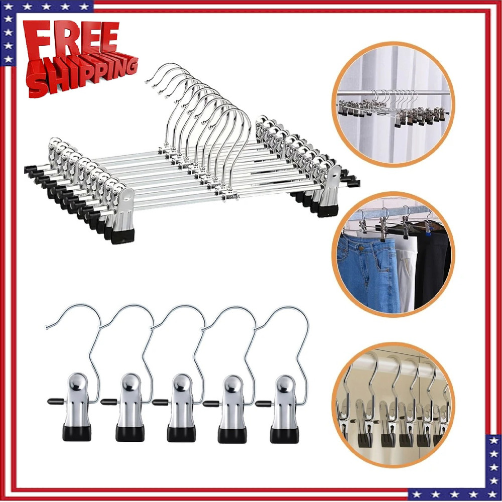 Pants Hangers with Clips Heavy Duty 10 Pack Adjustable Metal Pants Hanger Skirt