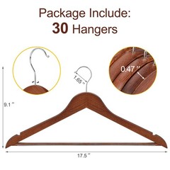 Walnut Wooden Hangers 30 Pack, Wood Clothes Hangers, Durable Coat Hanger with…