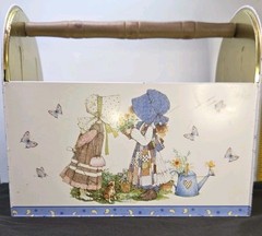 Vintage Holly Hobbie Metal Tin Storage Caddy Totes Wooden Handle 1970s Organizer