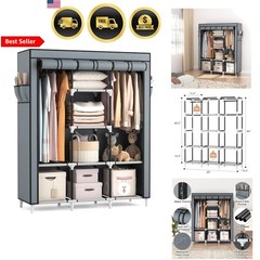 Portable Closet Wardrobe with Shelves and Cover for Clothes Storage Grey
