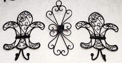 Set of 2 Black Metal Iron Fleur de Lis Wall Hooks & 1 Candle Holder Scroll Vtg