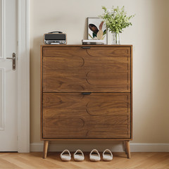Shoe Cabinet, 31.5″ Walnut, 2 Flip Drawers, Freestanding Storage