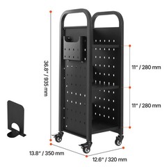 Rolling Library Book Cart, 220 lbs, Single Sided Shelves with Lockable Wheels
