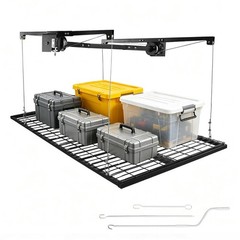 4×8 FT Overhead Garage Storage Rack with Safety Lock, Ceiling Mounted Lift Syste