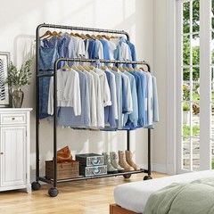 Clothing Clothes Rack Double Rods with Wheels, Rolling Metal Garment Rack for Ha