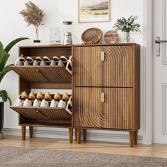 Line Groove Walnut Buffet Sideboard Cabinet 2 Door Accent Storage Cabinet