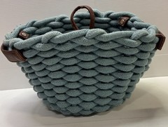 Braided Rope Storage Basket Aqua Blue w/ Faux Leather Handles Boho