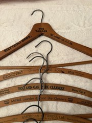 Ten Vintage Wooden Advertising Clothes Hangers, Metal Hooks, Traditional 16in