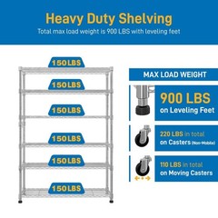Heavy Duty Adjustable 6-Tiers Metal Shelving Rack for Garage Kitchen with Wheels