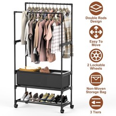 3-Tiered Garment Rack w/ Storage Bag Rolling Clothes Organizer Dual Rods Hanging