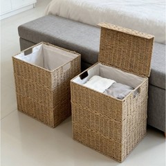 2 Pieces Lidded Laundry Hamper Large Capacity Woven Clothes Container Carry