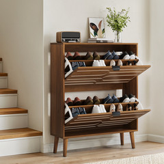Shoe Cabinet, 31.5″ Walnut, 2 Flip Drawers, Freestanding Storage