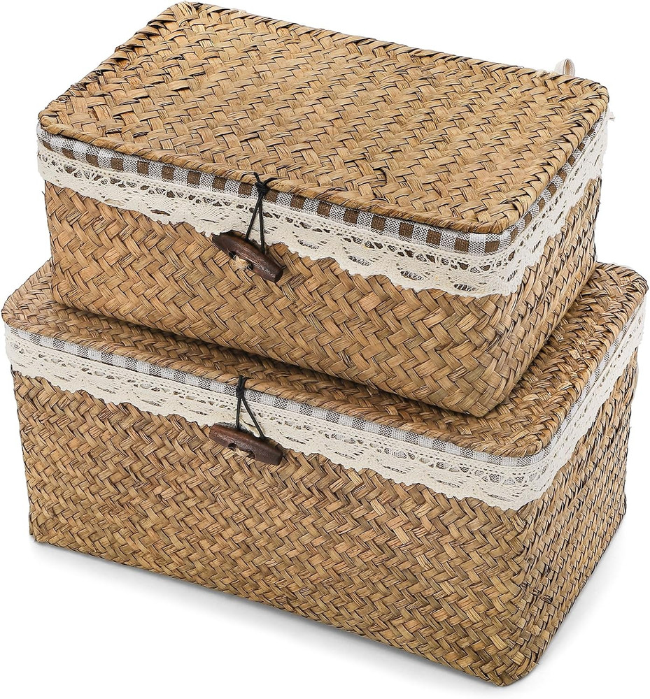 Handwoven Seagrass Storage Baskets with Lids – 2 Pack, Natural Brown