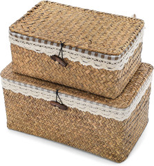Handwoven Seagrass Storage Baskets with Lids – 2 Pack, Natural Brown