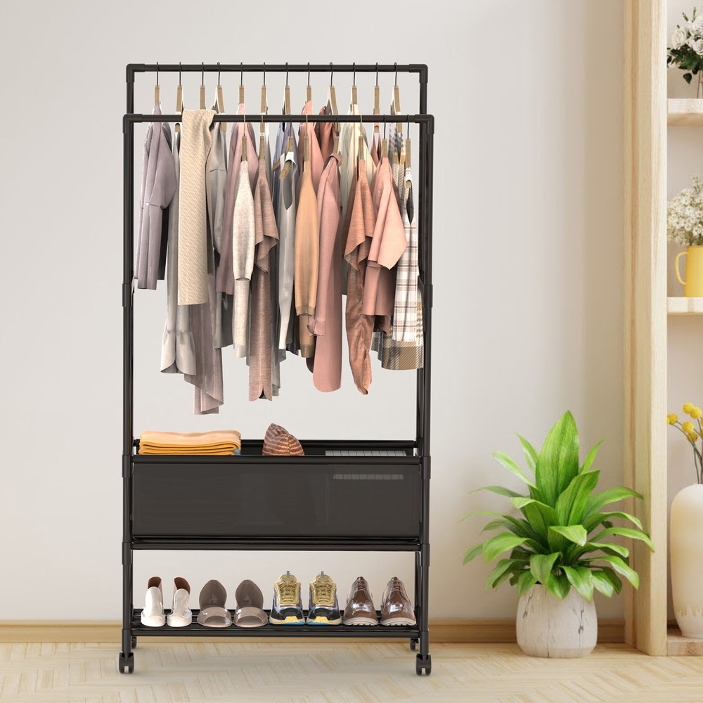 3-Tiered Garment Rack w/ Storage Bag Rolling Clothes Organizer Dual Rods Hanging