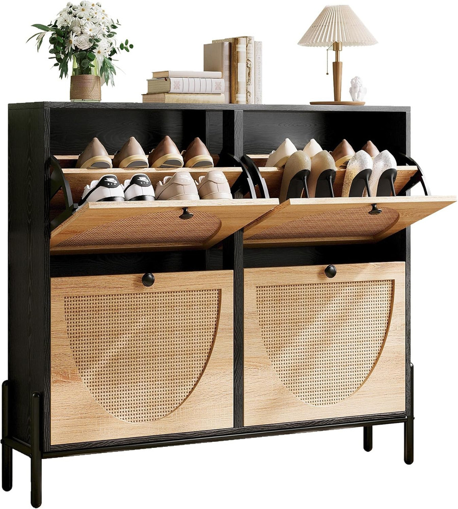 Rattan Shoe Cabinet Storage with 4 Flip Drawers, Freestanding Shoe Storage Organ