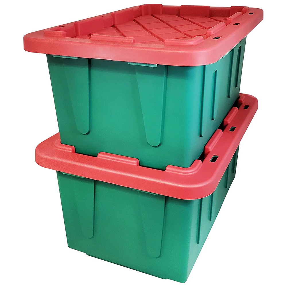 HOMZ Durabilt 15 Gallon Heavy Duty Holiday Storage Tote, Green/Red (2 Pack)