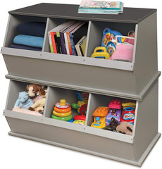 Stackable 3-Bin Storage Cubby in Woodgrain Gray with Display Shelf for Toys & Cr