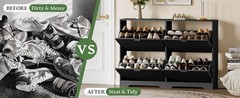 Shoe Storage Cabinet for Entryway with 4 Flip Drawers, Hidden Slim Wood Shoe