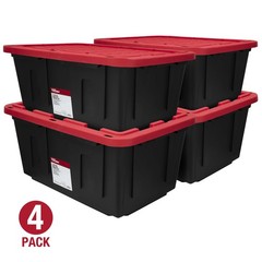 (Pack of 4) Hyper Tough 27 Gallon Large Storage Bin with Snap Lid, Black and Re