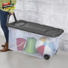2 PCs 160 Quart Wheeled Stacker, Extra Large Durable Clear Bin,Pull Handle, Gray