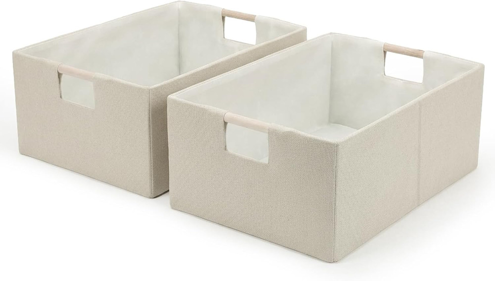 Beige Foldable Storage Cubes with Wooden Handles – 2 Pack Organizer Bins