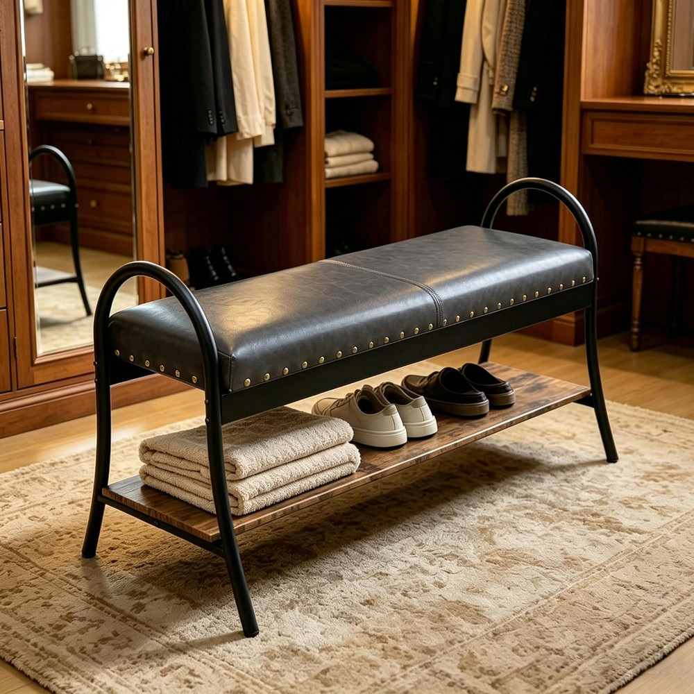 39.4” Shoe Storage Bench, Entryway Bench with Curved Armrests | Faux Leather Pa