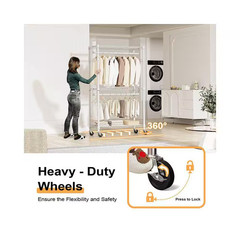 White 3 Tiers Heavy Duty Steel Rolling Clothes Rack with 2 Rods and Side Hooks,
