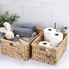 Natural Water Hyacinth Rectangular Storage Basket Organizer 15.9x12x7.1 Inch