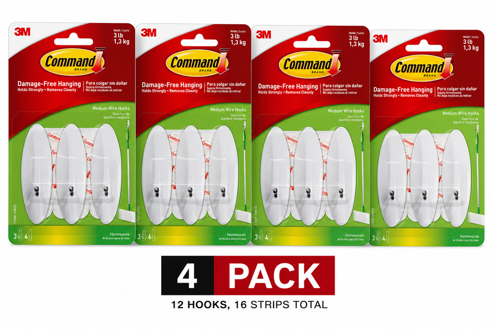 Command Medium Wire Hooks Damage-Free Hanging, Lot of 4 Packs 12 Total