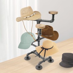 4 Tiers Industrial Hat Display Stand Hat Holder Rack with 8 Round Hangers Black