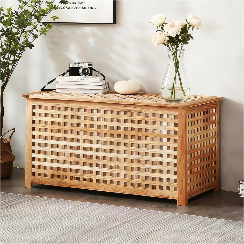 Solid Wood Entryway Bench with Storage, Large Storage Chest with Removable Bag,
