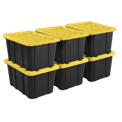 Sterilite 27 Gal Industrial Tote, Rugged Plastic Storage Bin, Black/Yellow, 6Ct