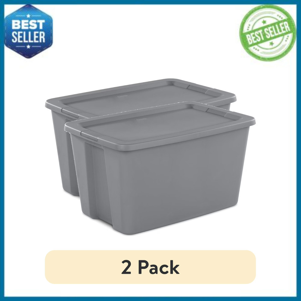Sterilite 30 Gallon Plastic Storage Tote Bin with Snap-On Lid Gray, 2 Pack