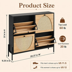 Rattan Shoe Storage Cabinet 4 Flip Down Doors Narrow Entryway Hallway Organizer