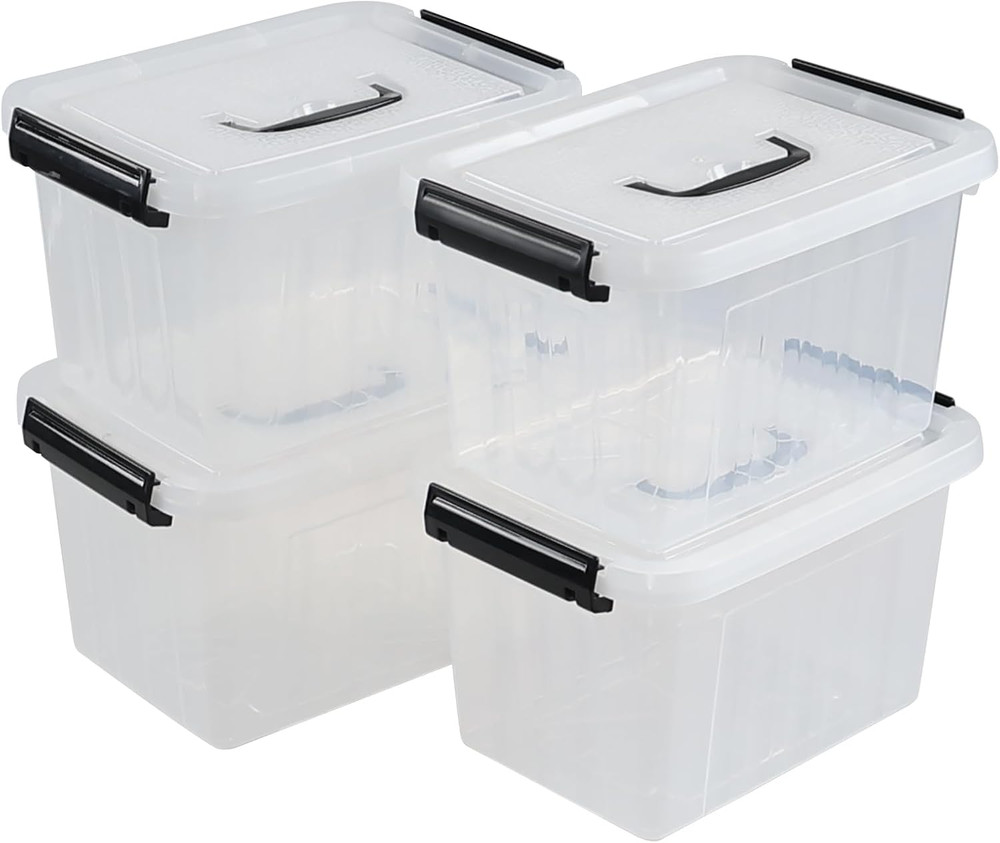 Clear Plastic Storage Box with Lid & Latch – 4 Pack, 5L Bins with Handle