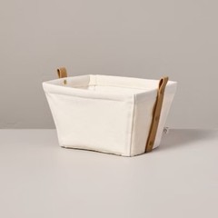 Decorative Canvas Storage Bin with Faux Leather Strap Handles Cream/Tan