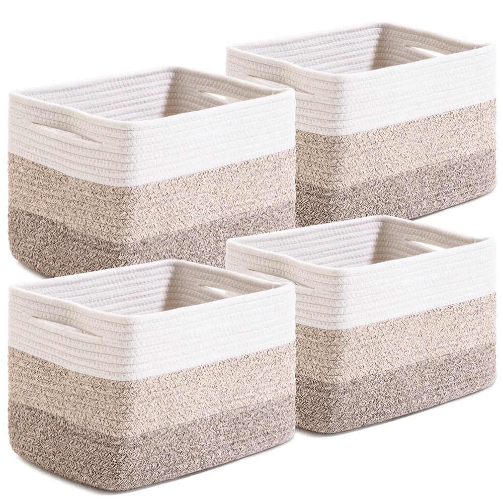 4 Pack Gradient Brown Woven Cotton Rope Baskets For Shelves 12.7×9.1×7.9 In