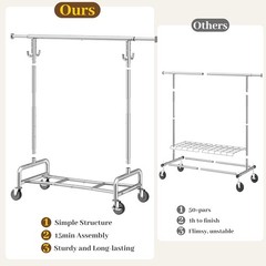 Heavy Duty Clothes Rack 75″ Extra Wide, 450 LBS Clothing Rack with 4 Hooks