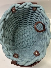 Braided Rope Storage Basket Aqua Blue w/ Faux Leather Handles Boho