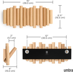 Picket 5 Hooks, Wall-Mounted Rail, Doubles as Art, Beveled Pine Wood Dowels, Nat