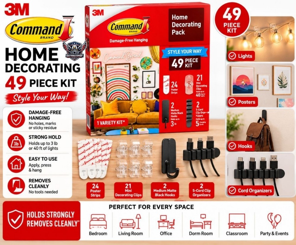 3M Command 49 Piece Home Decorating Kit Wall Hooks Clips Poster Strips Bundle