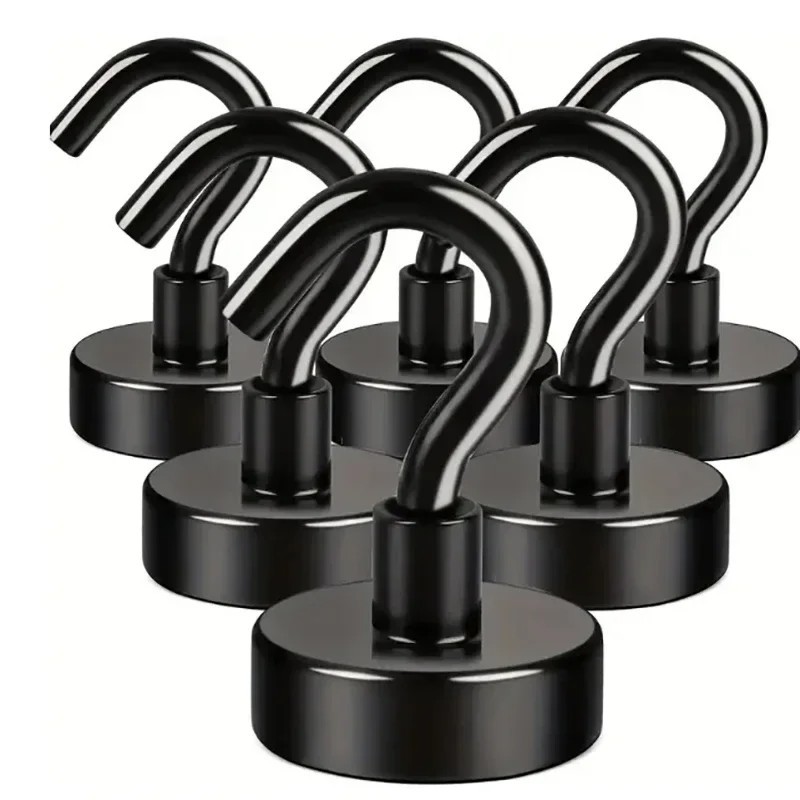 6 Pack Magnetic Hooks Heavy Duty, Neodymium Magnet Hooks, Strong Black M